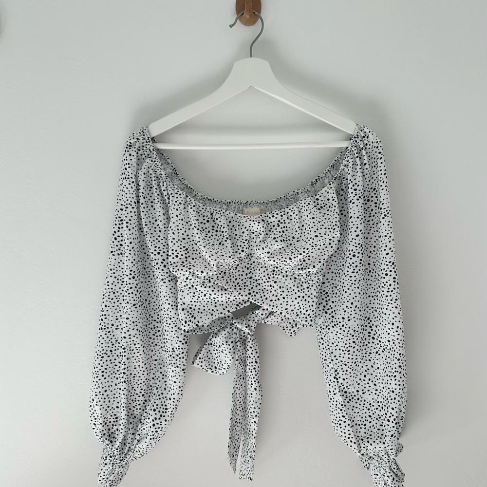 Altar'd State Cropped Off Shoulder Black and White Polka Dot Blouse